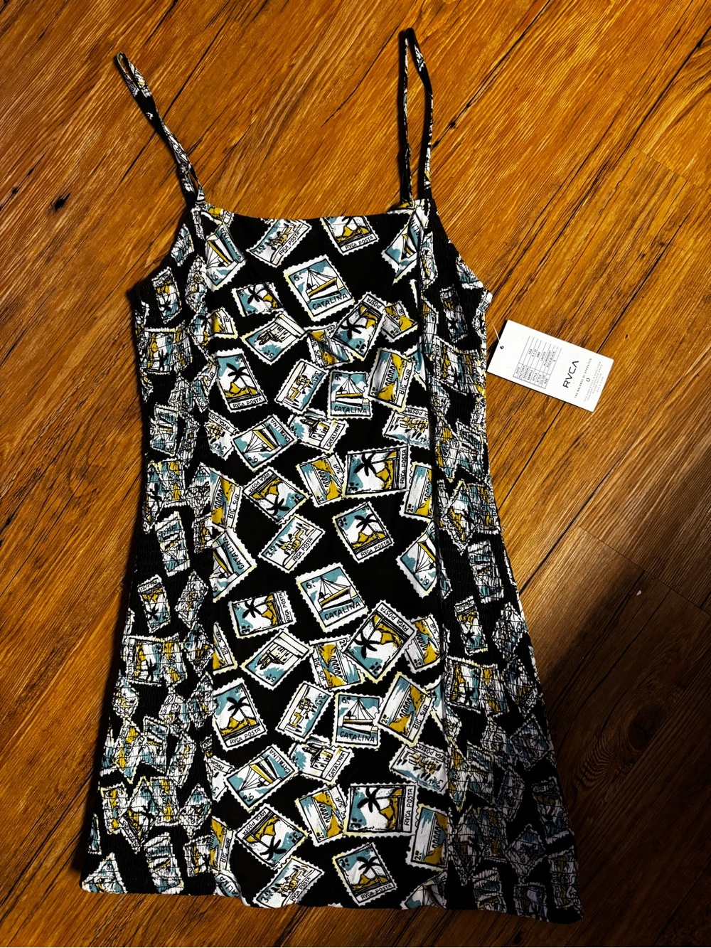 RVCA Black Mini Dress with Yellow & Teal Postcard Print